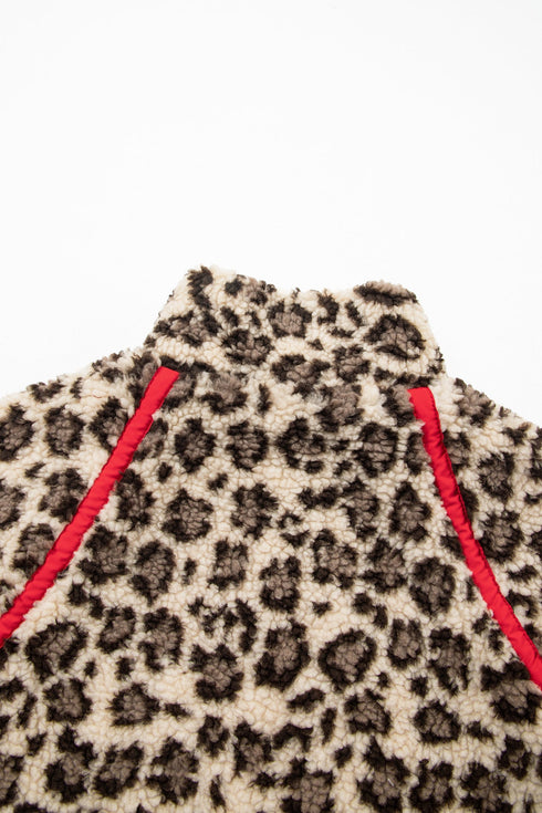 Leopard Print Sherpa Zip Up Pocketed Sweatshirt