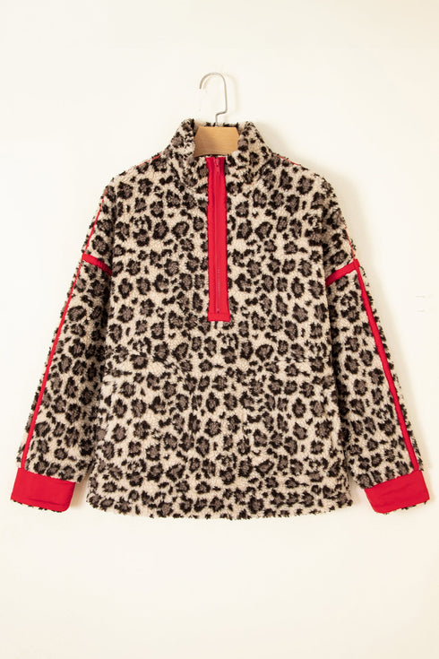 Leopard Print Sherpa Zip Up Pocketed Sweatshirt