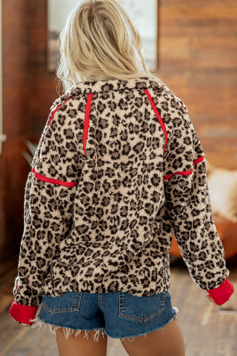 Leopard Print Sherpa Zip Up Pocketed Sweatshirt