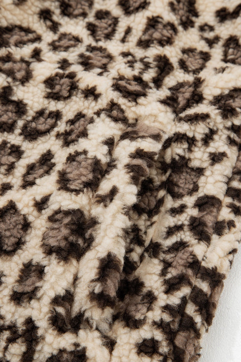 Leopard Print Sherpa Zip Up Pocketed Sweatshirt