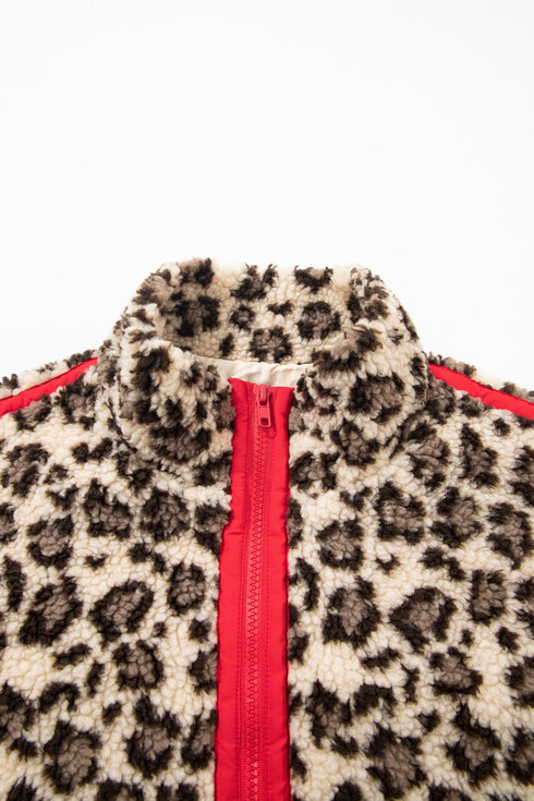 Leopard Print Sherpa Zip Up Pocketed Sweatshirt