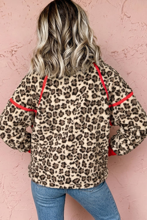 Leopard Print Sherpa Zip Up Pocketed Sweatshirt