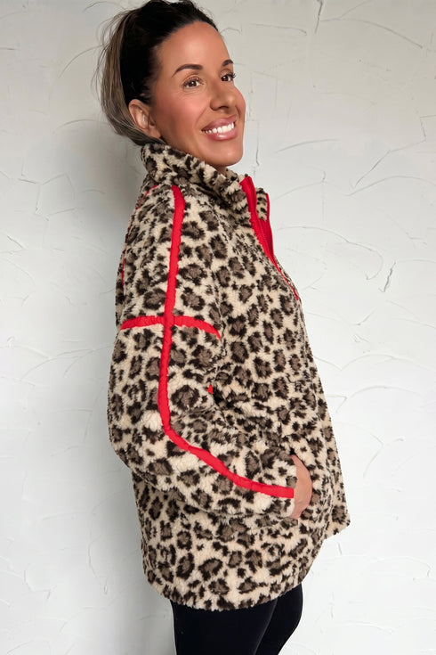 Leopard Print Sherpa Zip Up Pocketed Sweatshirt