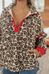 Leopard Print Sherpa Zip Up Pocketed Sweatshirt