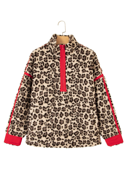 Leopard Print Sherpa Zip Up Pocketed Sweatshirt