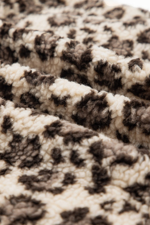Leopard Print Sherpa Zip Up Pocketed Sweatshirt