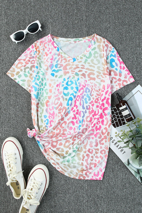 Leopard Print Short Sleeve V Neck Relaxed Top
