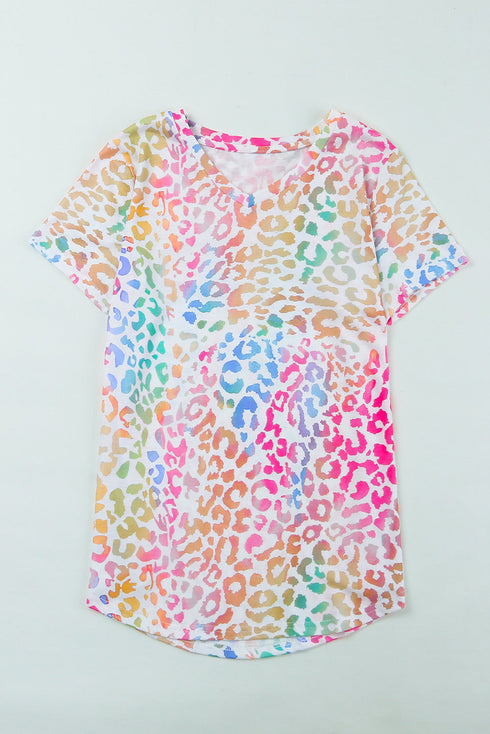 Leopard Print Short Sleeve V Neck Relaxed Top