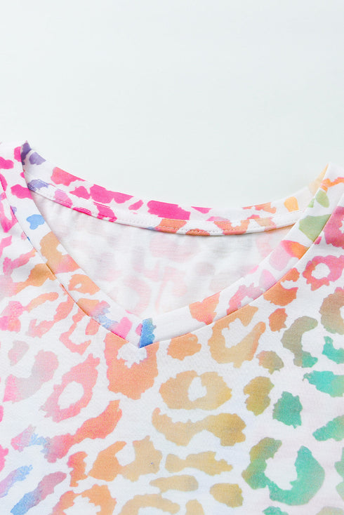 Leopard Print Short Sleeve V Neck Relaxed Top