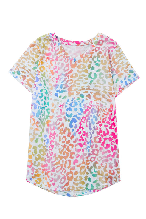 Leopard Print Short Sleeve V Neck Relaxed Top