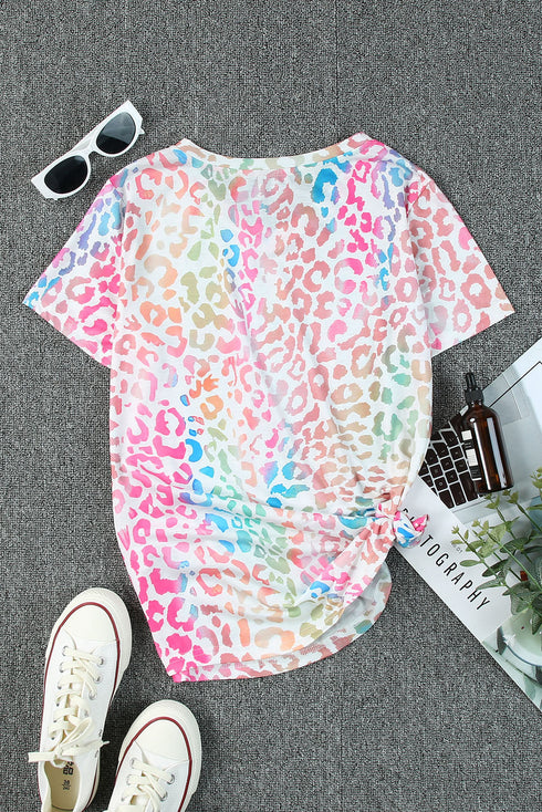 Leopard Print Short Sleeve V Neck Relaxed Top