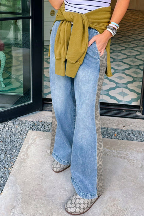 Leopard Print Side Panel Elastic Waist Wide Leg Jeans