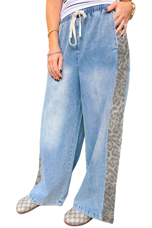 Leopard Print Side Panel Elastic Waist Wide Leg Jeans