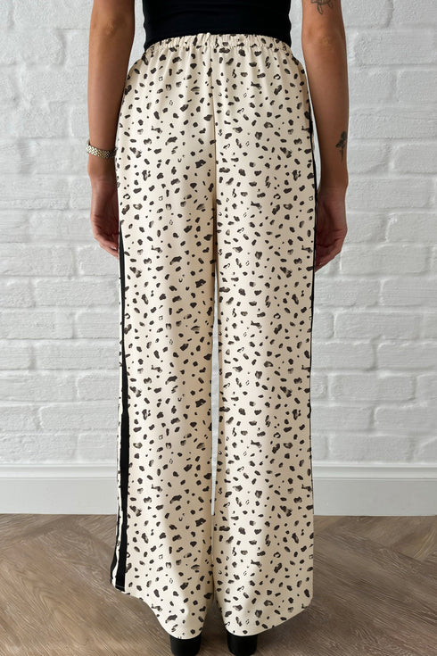 Leopard Print Side Stripe Wide Leg Drawstring Pants