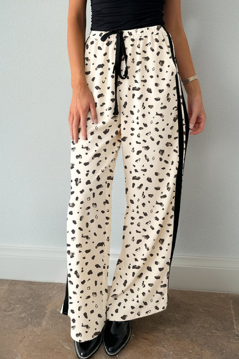Leopard Print Side Stripe Wide Leg Drawstring Pants