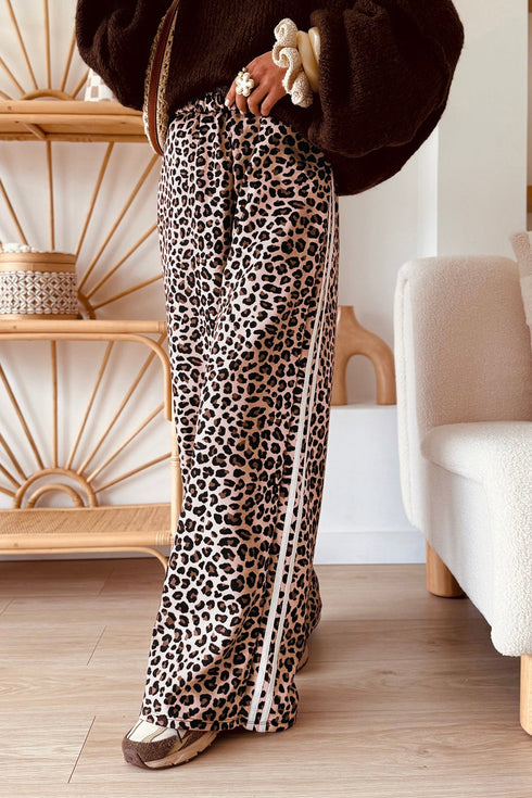 Leopard Print Side Stripe Wide Leg Pants