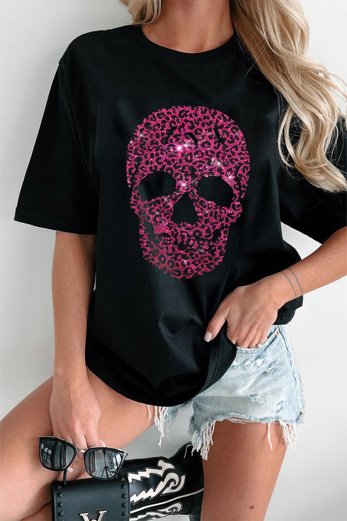 Leopard Print Skull Graphic Rhinestone Crewneck Tee