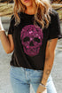 Leopard Print Skull Graphic Rhinestone Crewneck Tee