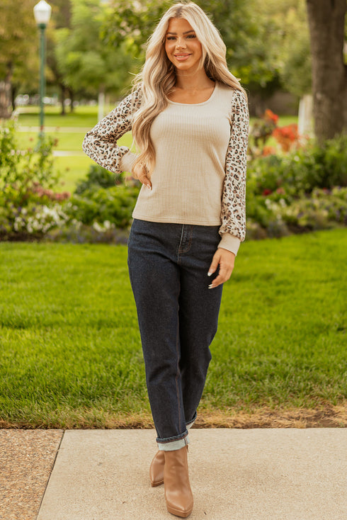 Leopard Print Sleeve Patchwork Ribbed Knit U Neck Top