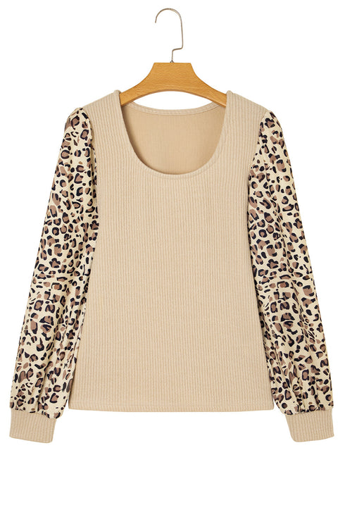 Leopard Print Sleeve Patchwork Ribbed Knit U Neck Top
