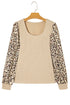 Leopard Print Sleeve Patchwork Ribbed Knit U Neck Top