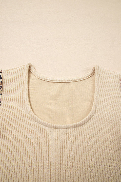 Leopard Print Sleeve Patchwork Ribbed Knit U Neck Top