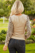 Leopard Print Sleeve Patchwork Ribbed Knit U Neck Top