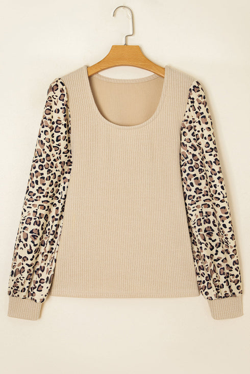 Leopard Print Sleeve Patchwork Ribbed Knit U Neck Top