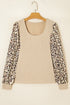 Leopard Print Sleeve Patchwork Ribbed Knit U Neck Top