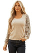 Leopard Print Sleeve Patchwork Ribbed Knit U Neck Top