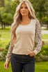 Leopard Print Sleeve Patchwork Ribbed Knit U Neck Top