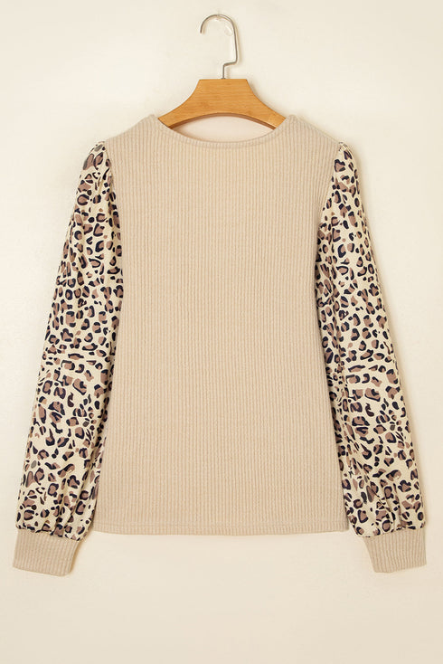 Leopard Print Sleeve Patchwork Ribbed Knit U Neck Top