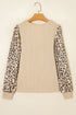 Leopard Print Sleeve Patchwork Ribbed Knit U Neck Top