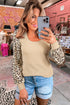 Leopard Print Sleeve Patchwork Ribbed Knit U Neck Top