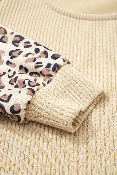 Leopard Print Sleeve Patchwork Ribbed Knit U Neck Top