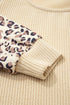 Leopard Print Sleeve Patchwork Ribbed Knit U Neck Top