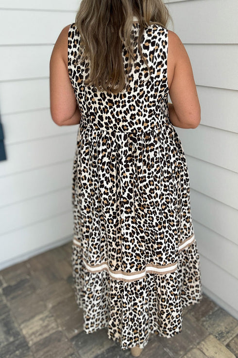 Leopard Print Sleeveless A Line Midi Dress