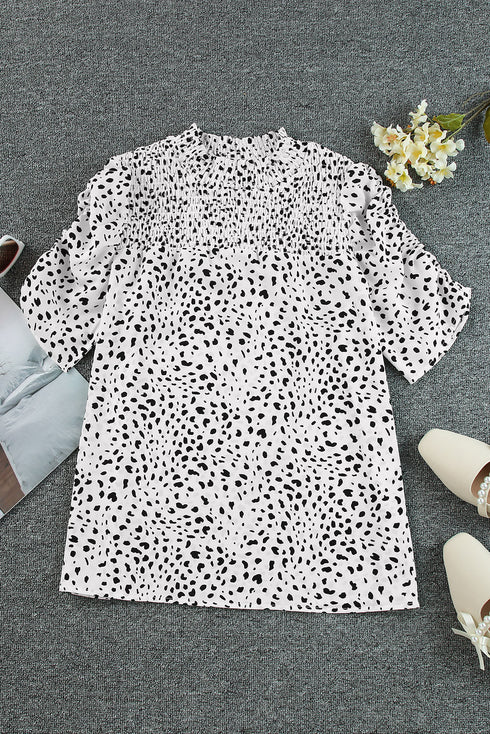 Leopard Print Smocked Bodice Puff Sleeve Peplum Blouse