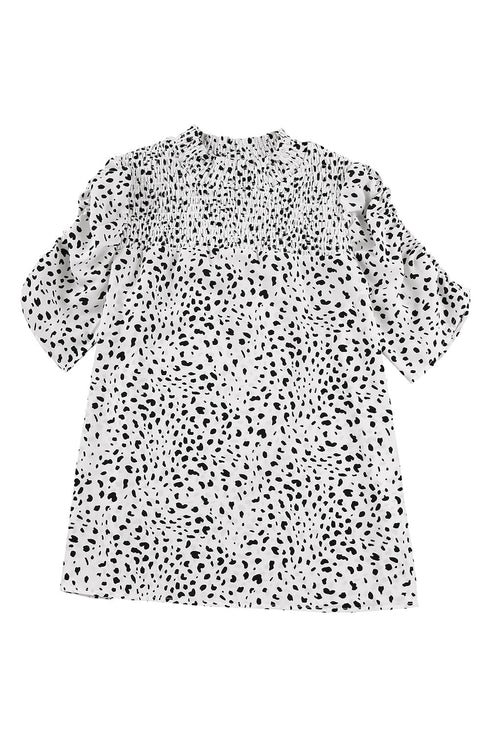 Leopard Print Smocked Bodice Puff Sleeve Peplum Blouse