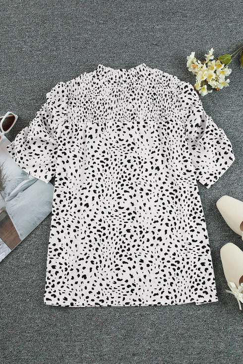 Leopard Print Smocked Bodice Puff Sleeve Peplum Blouse