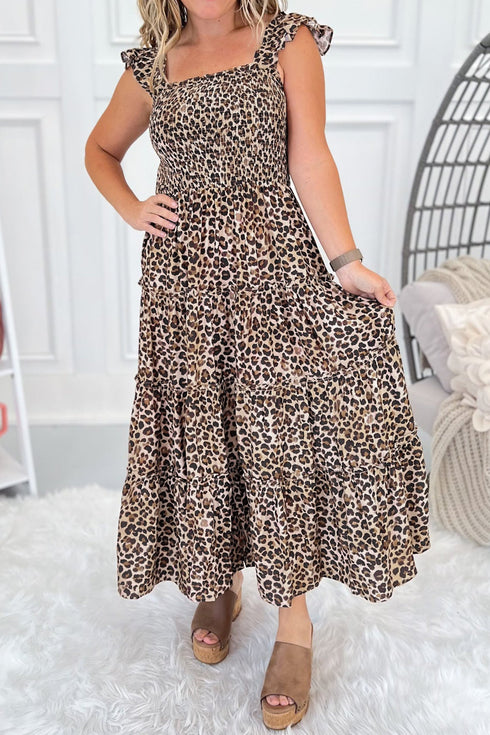 Leopard Print Smocked Ruffled Strap A Line Maxi Dress