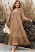 Leopard Print Smocked V Neckline Piping Accent Maxi Dress