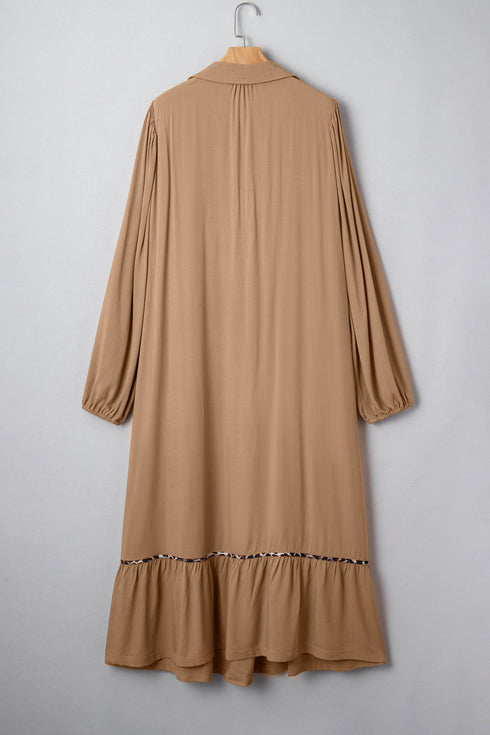 Leopard Print Smocked V Neckline Piping Accent Maxi Dress