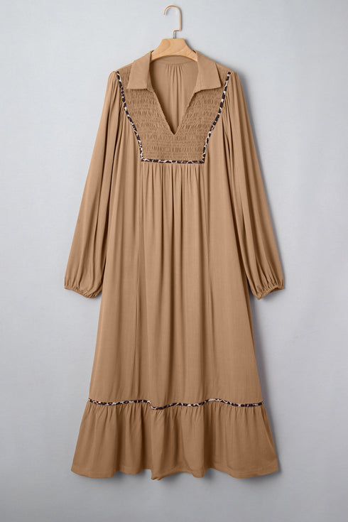 Leopard Print Smocked V Neckline Piping Accent Maxi Dress