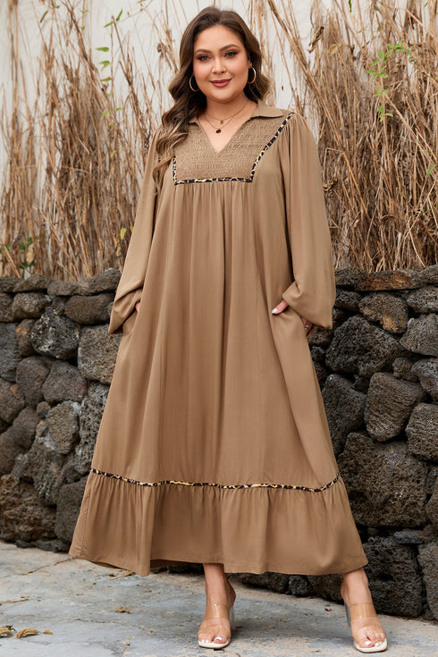 Leopard Print Smocked V Neckline Piping Accent Maxi Dress
