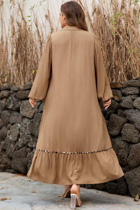 Leopard Print Smocked V Neckline Piping Accent Maxi Dress