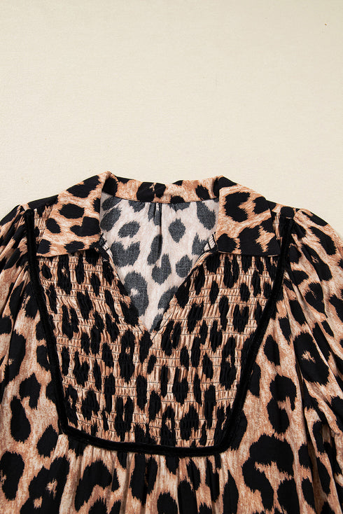 Leopard Print Smocked Western Flowy H Line Midi Dress