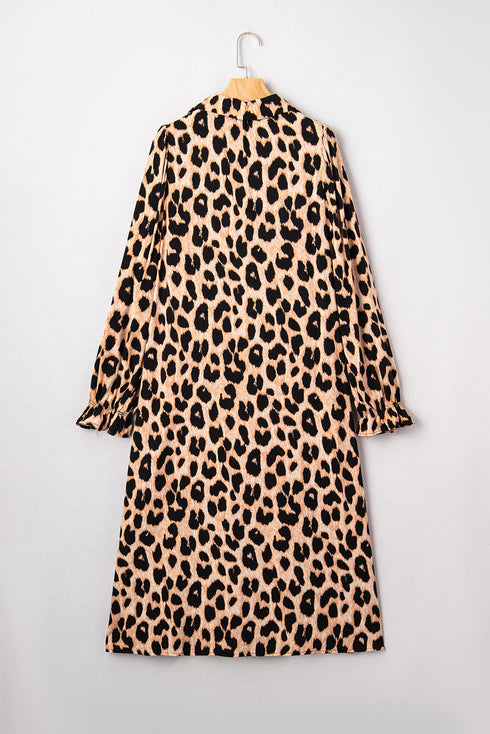 Leopard Print Smocked Western Flowy H Line Midi Dress