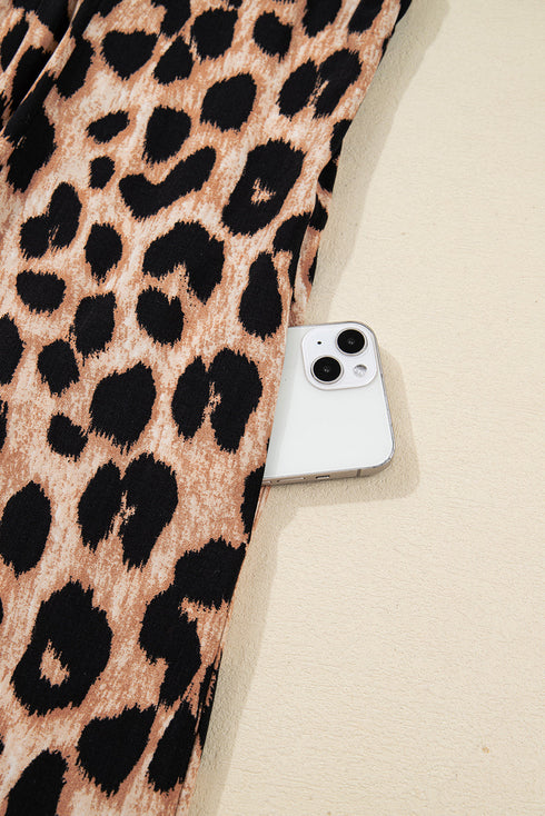Leopard Print Smocked Western Flowy H Line Midi Dress