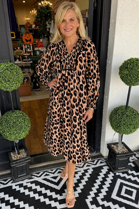Leopard Print Smocked Western Flowy H Line Midi Dress